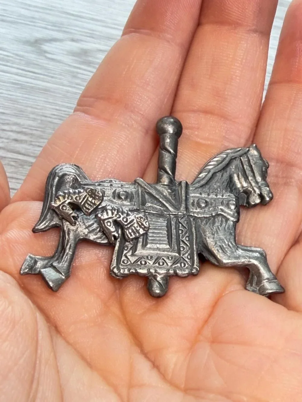 Vintage Pewter Carousel Horse Brooch Gray Silver Tone Horse Pin Western